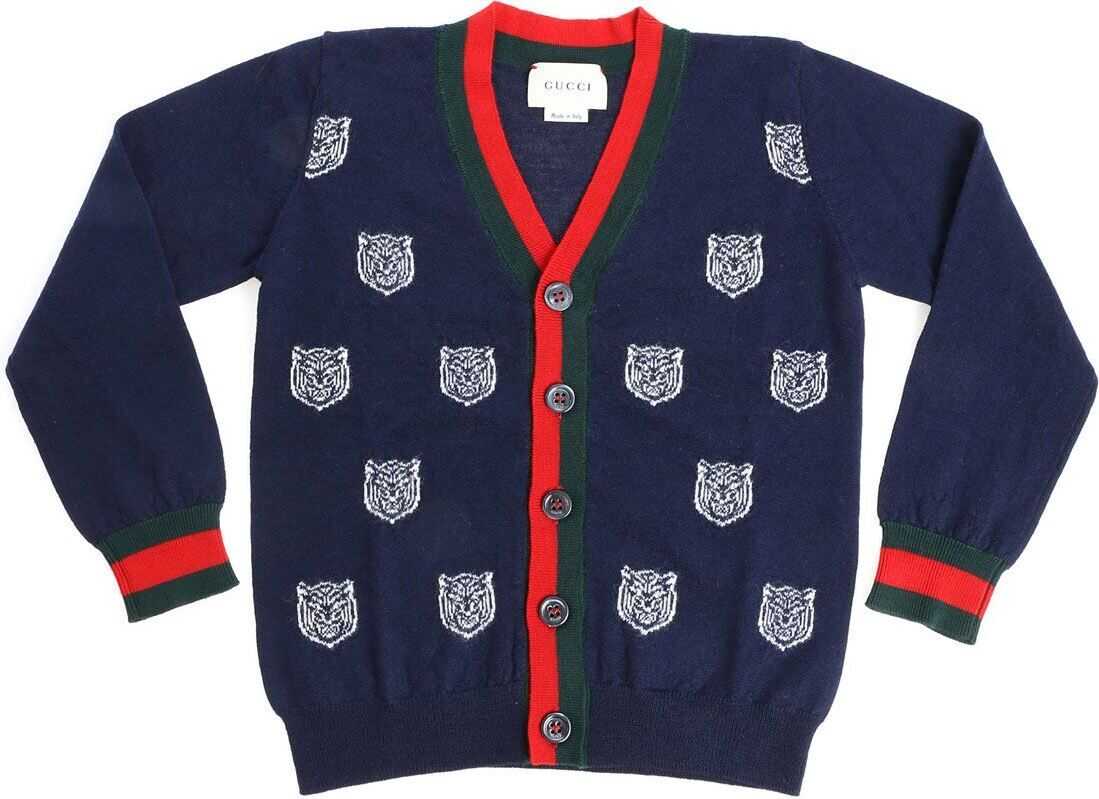 Gucci Blue Cardigan With Tiger Inlays Blue
