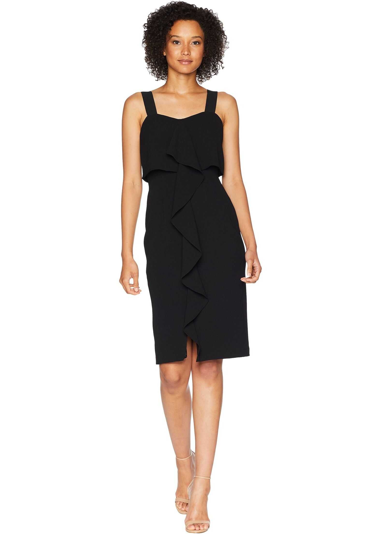 Adrianna Papell Textured Crepe Cascading Drape Midi Dress Black