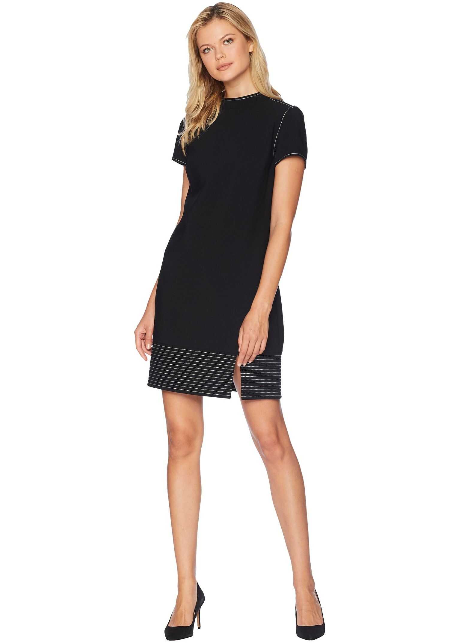 Vince Camuto Short Sleeve Trapunto Hem Mock Neck Crepe Dress Rich Black