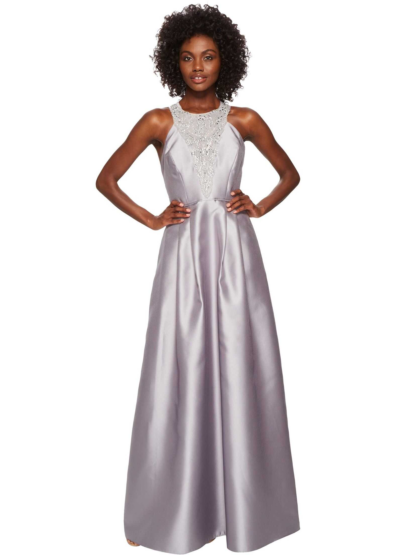 Adrianna Papell Long Halter Mikado Gown with Beaded Detail Silver