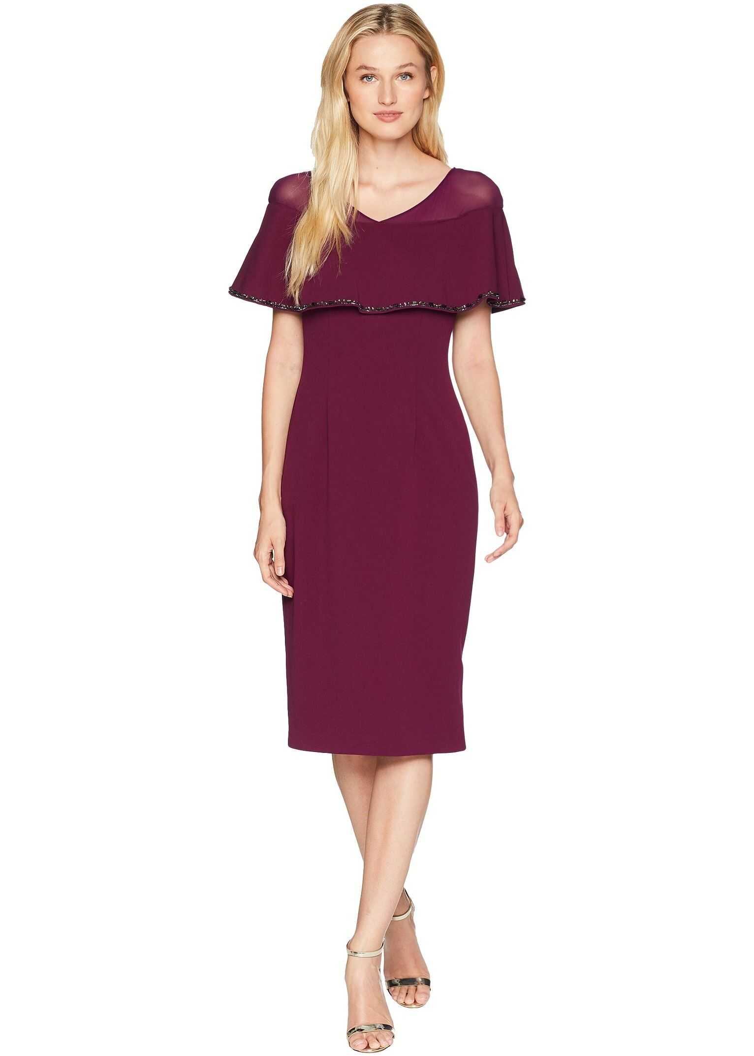 Adrianna Papell Stretch Knit Crepe Cocktail Dress with Illusion and Capelet Rich Raisin