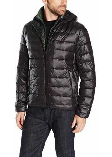 Tommy Hilfiger Men's Insulated Packable Jacket With Contrast Bib and Hood Black/Olive Bib