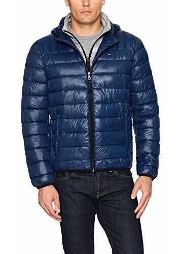 Tommy Hilfiger Men's Insulated Packable Jacket With Contrast Bib and Hood New Navy/Fog