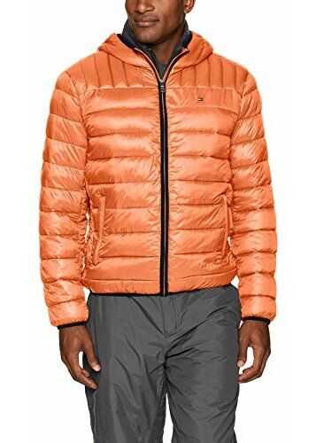 Tommy Hilfiger Men's Insulated Packable Jacket With Contrast Bib and Hood Orange/Charcoal Bib
