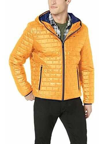 Tommy Hilfiger Men\'s Sweaterweight Ultra Loft Hooded Packable Puffer Jacket Yellow