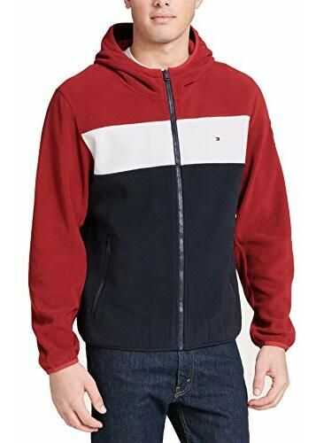 Tommy Hilfiger Men's Hooded Performance Fleece Jacket Red/Ice/Navy