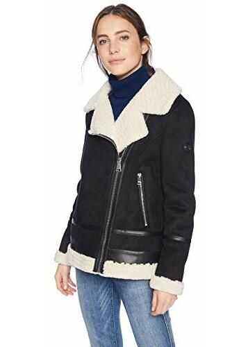 Calvin Klein Women's Moto Style Jacket with Shearling Linging and Pu Trim Detail Black