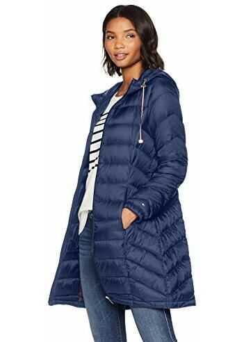 Tommy Hilfiger Women\'s Mid Length Chevron Quilted Packable Down Jacket Navy