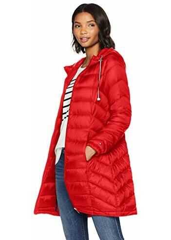 Tommy Hilfiger Women\'s Mid Length Packable Down Chevron Quilt Coat Salsa