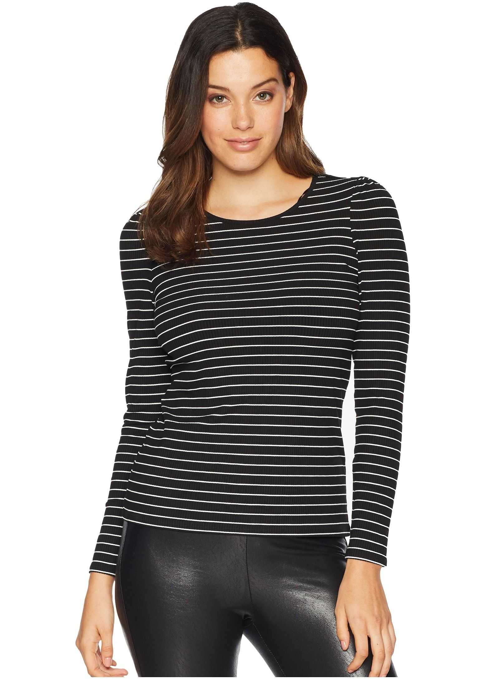 Vince Camuto Long Sleeve Puff Shoulder Thin Ribbed Stripe Top Rich Black