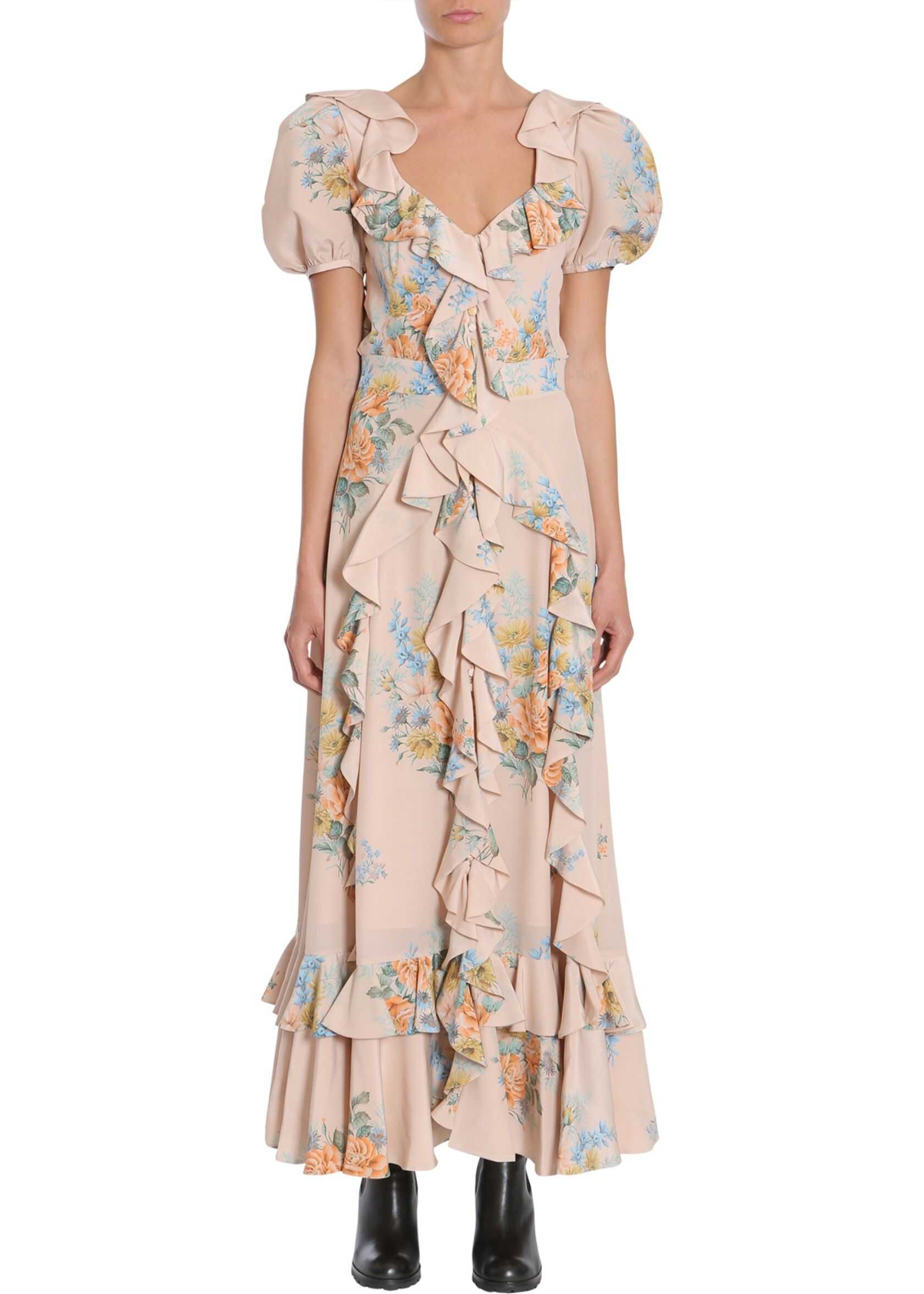 Alexander McQueen Floral Print Ruched Silk Dress POWDER