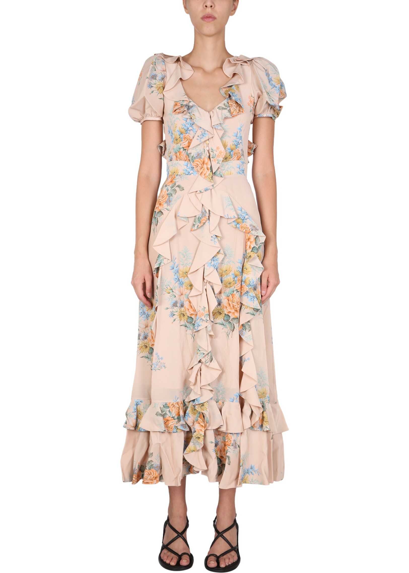 Alexander McQueen Floral Print Ruched Silk Dress BEIGE