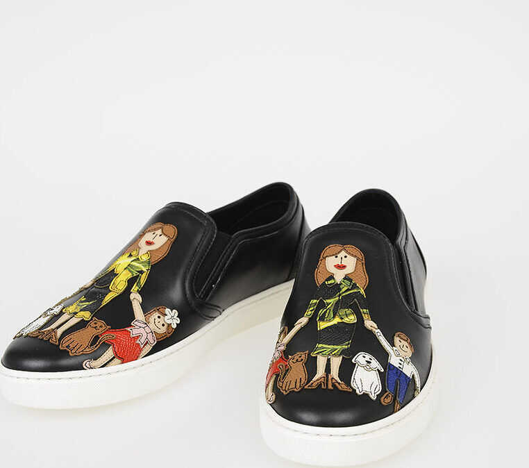 Dolce & Gabbana Leather LONDON Slip Ons with FAMILY Patch BLACK