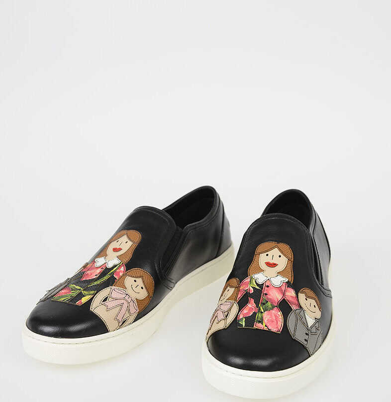 Dolce & Gabbana Leather LONDON Slip Ons with FAMILY Patch BLACK