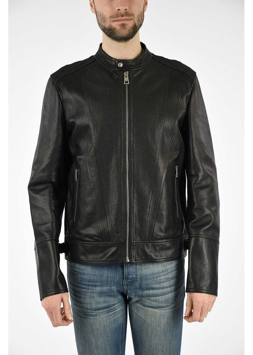 Just Cavalli Printed Leather Jacket BLACK