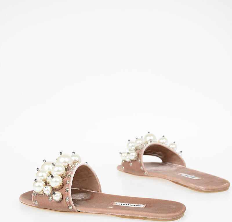 Sandale fara toc Miu Miu Velour Slides With Decorative Pearls Pink Femei (BM 6471727) 2