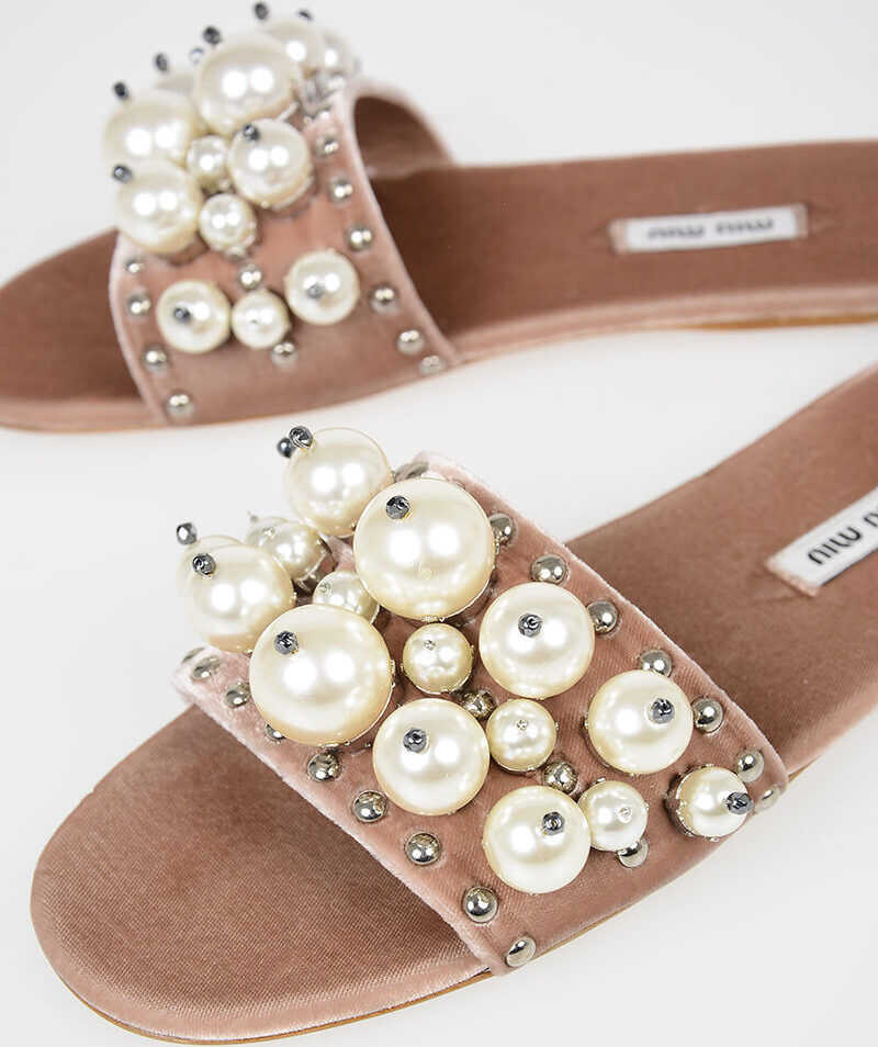 Sandale fara toc Miu Miu Velour Slides With Decorative Pearls Pink Femei (BM 6471727) 3