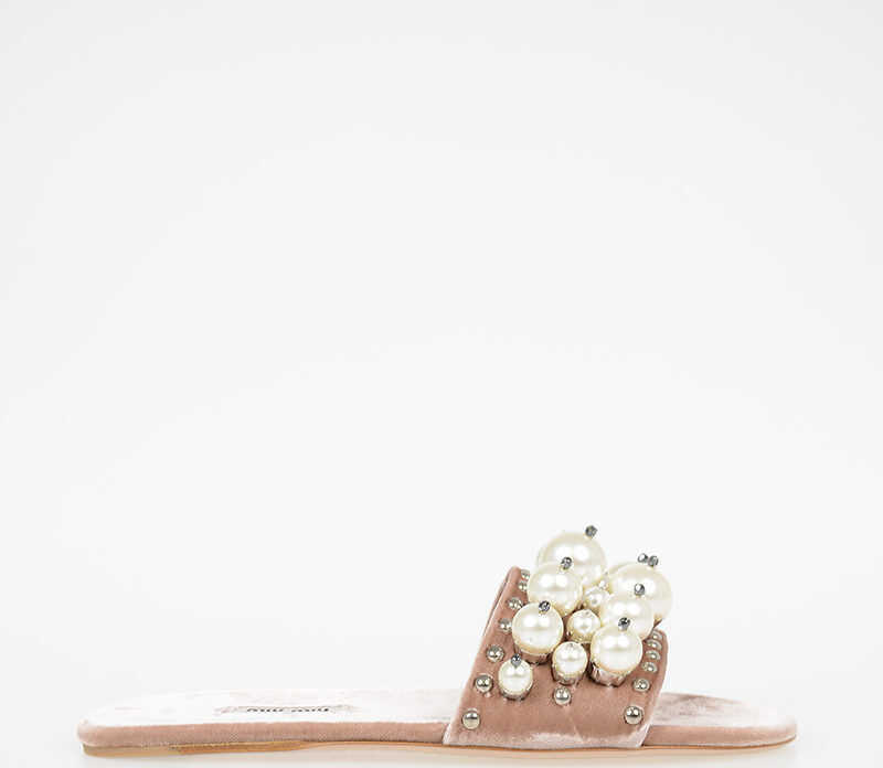 Sandale fara toc Miu Miu Velour Slides With Decorative Pearls Pink Femei (BM 6471727) 4