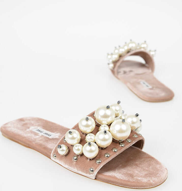 Sandale fara toc Miu Miu Velour Slides With Decorative Pearls Pink Femei (BM 6471727) 1