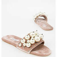 Sandale fara toc Velour Slides With Decorative Pearls Femei