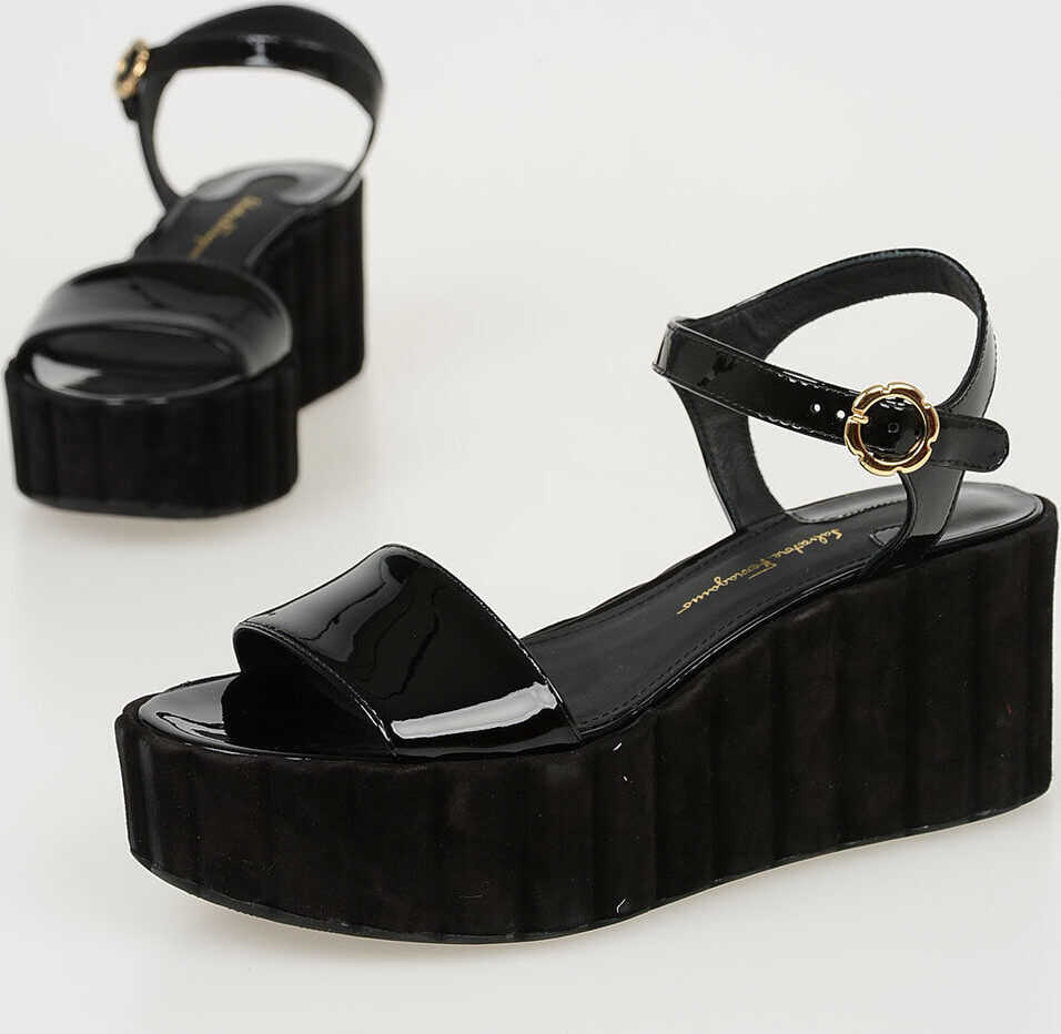 Salvatore Ferragamo 7.5 cm Patent Leather TROPEA Wedges BLACK