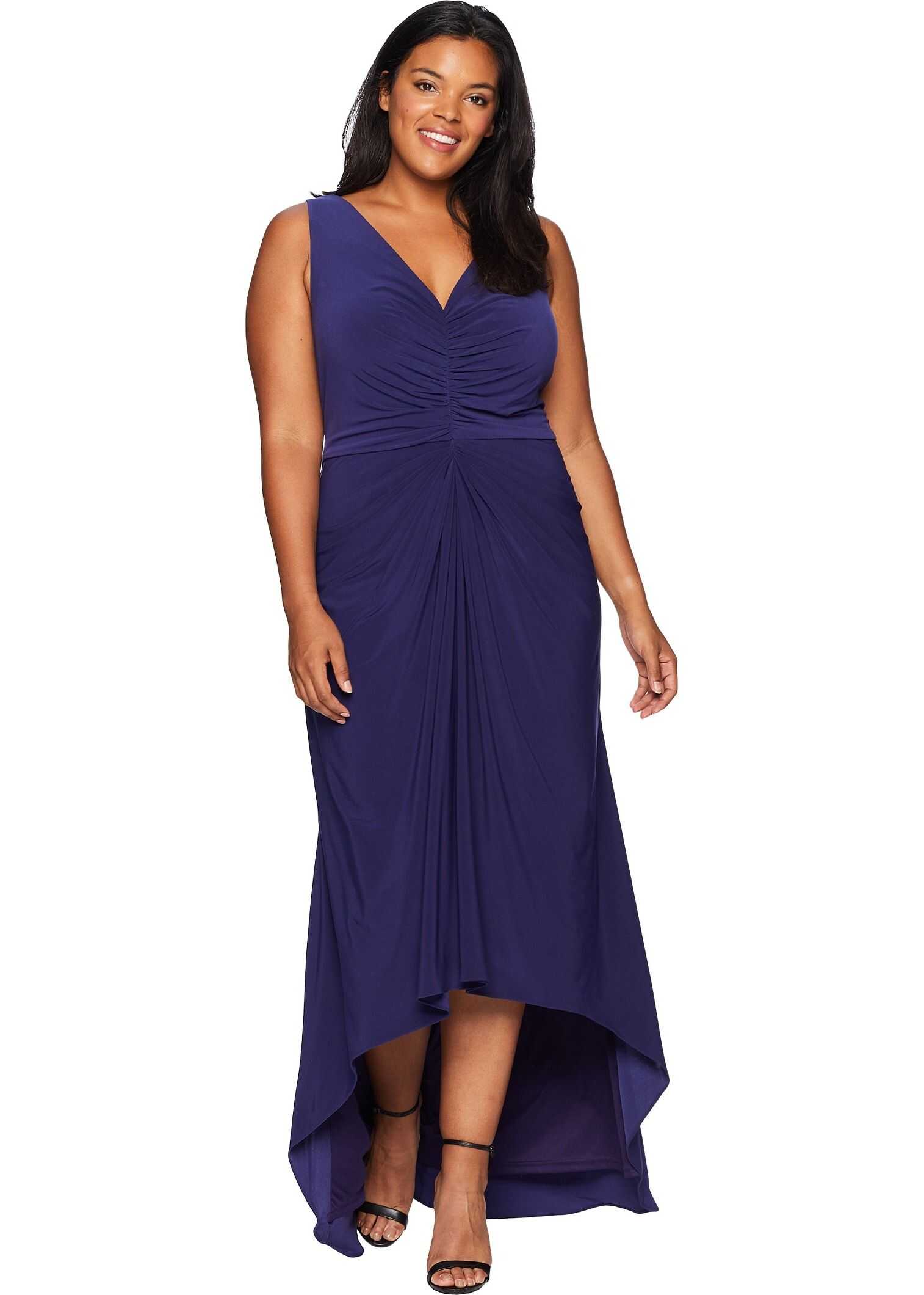 Adrianna Papell Plus Size High-Low Draped Front Jersey Gown Admiral Blue