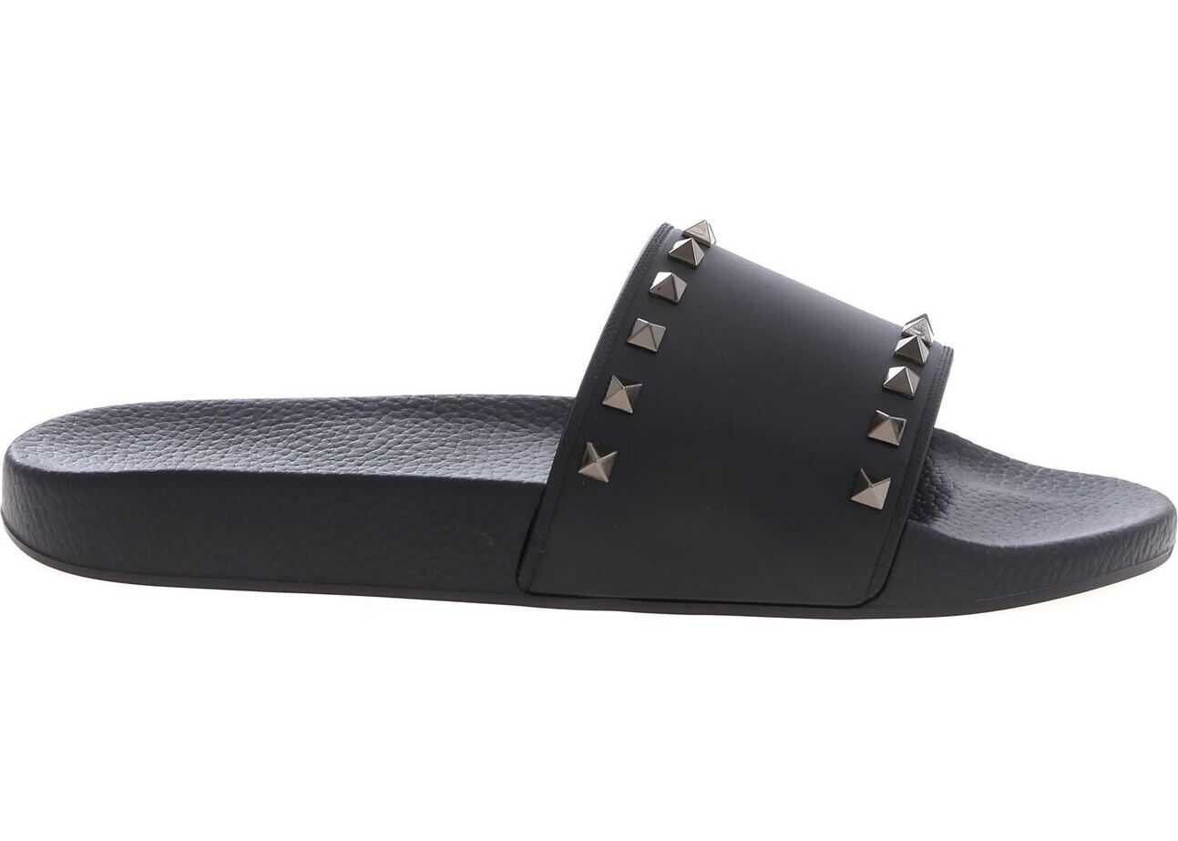 Valentino Garavani Rockstud Valentino Slides In Black Black