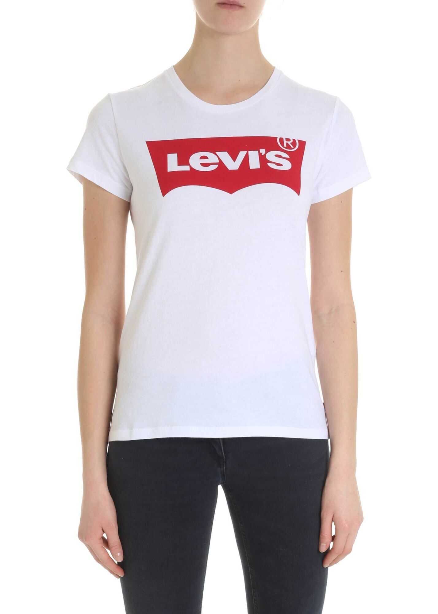 White Crew-Neck T-Shirt With Red Logo Print