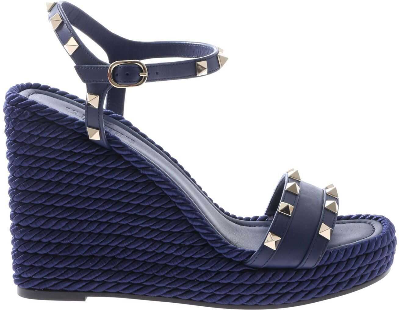 Valentino Garavani Rockstud Blue Wedges With Rope Detail Blue