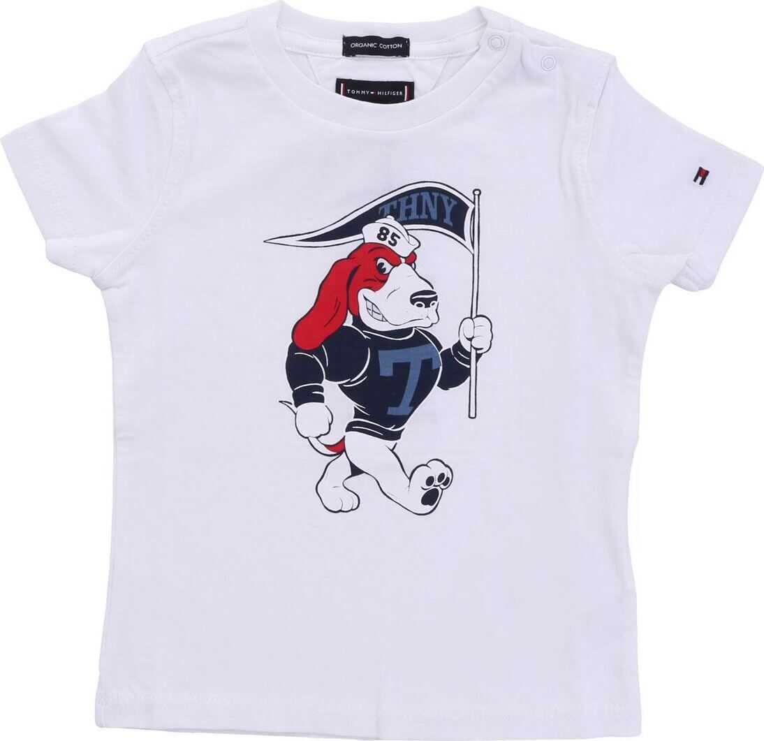 White T-Shirt With Red And Blue Basset Hound Print