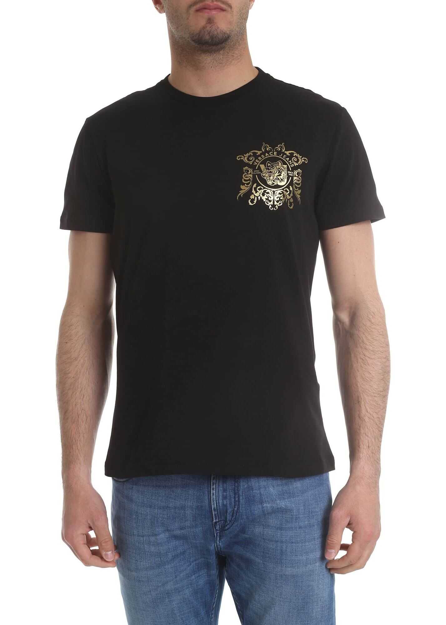 Versace Jeans Black T-Shirt With Golden Logo Print Black