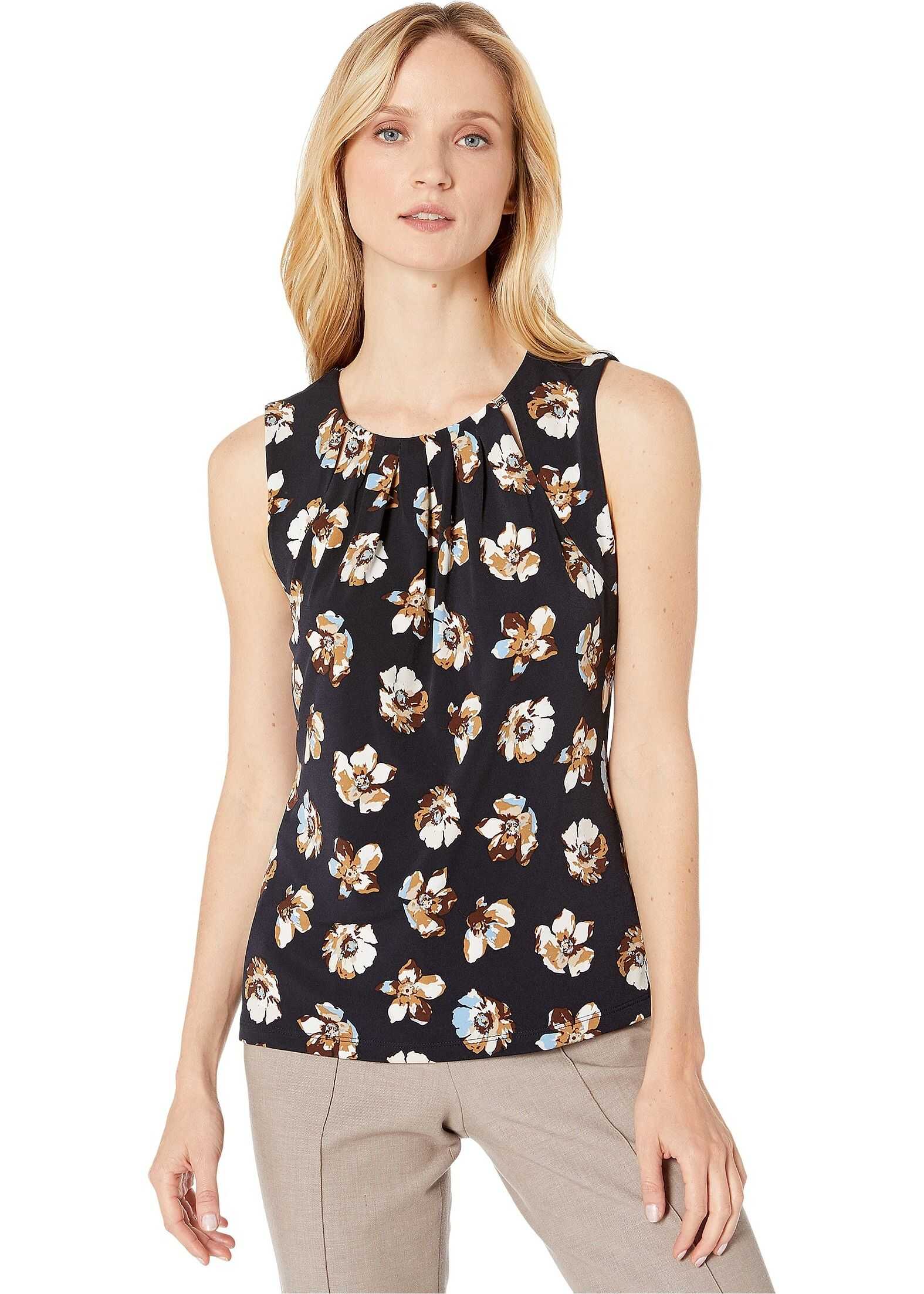 Tommy Hilfiger Floral Print Bead Neck Knit Top Midnight/Coffee