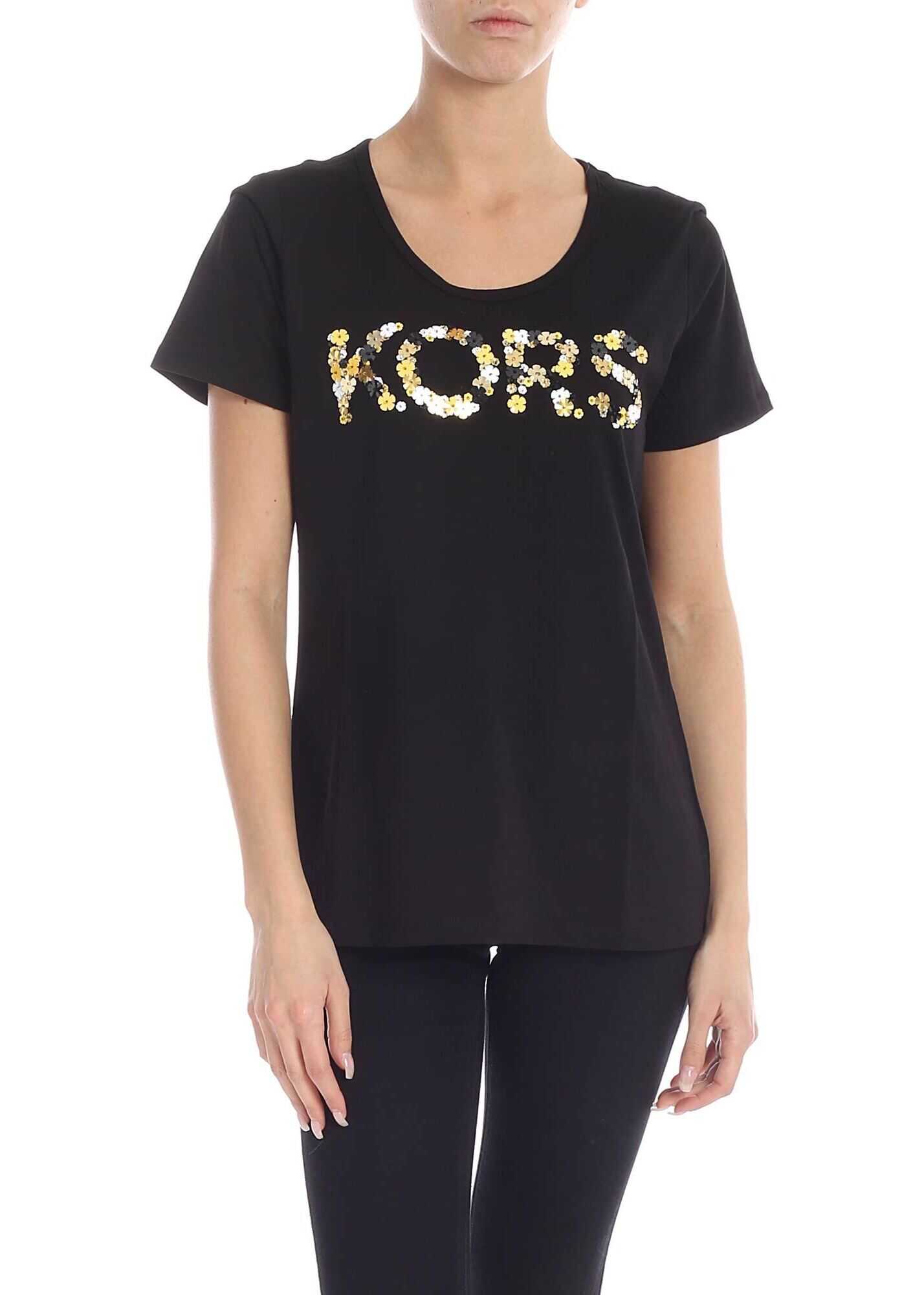 Black T-Shirt With Floral Logo Embroidery