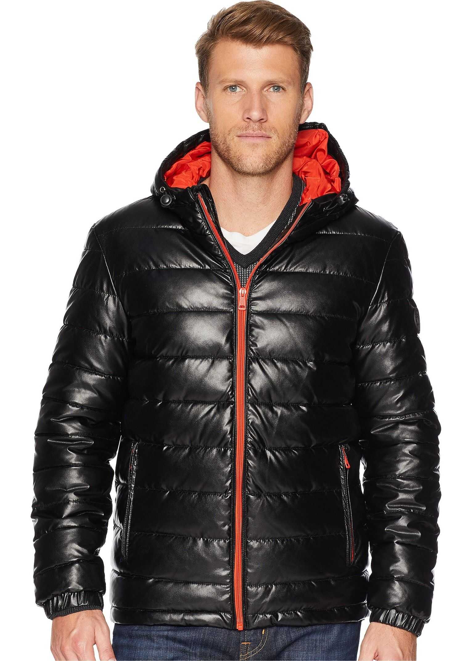 Cole Haan Faux Leather Faux Down Jacket Black/Orange