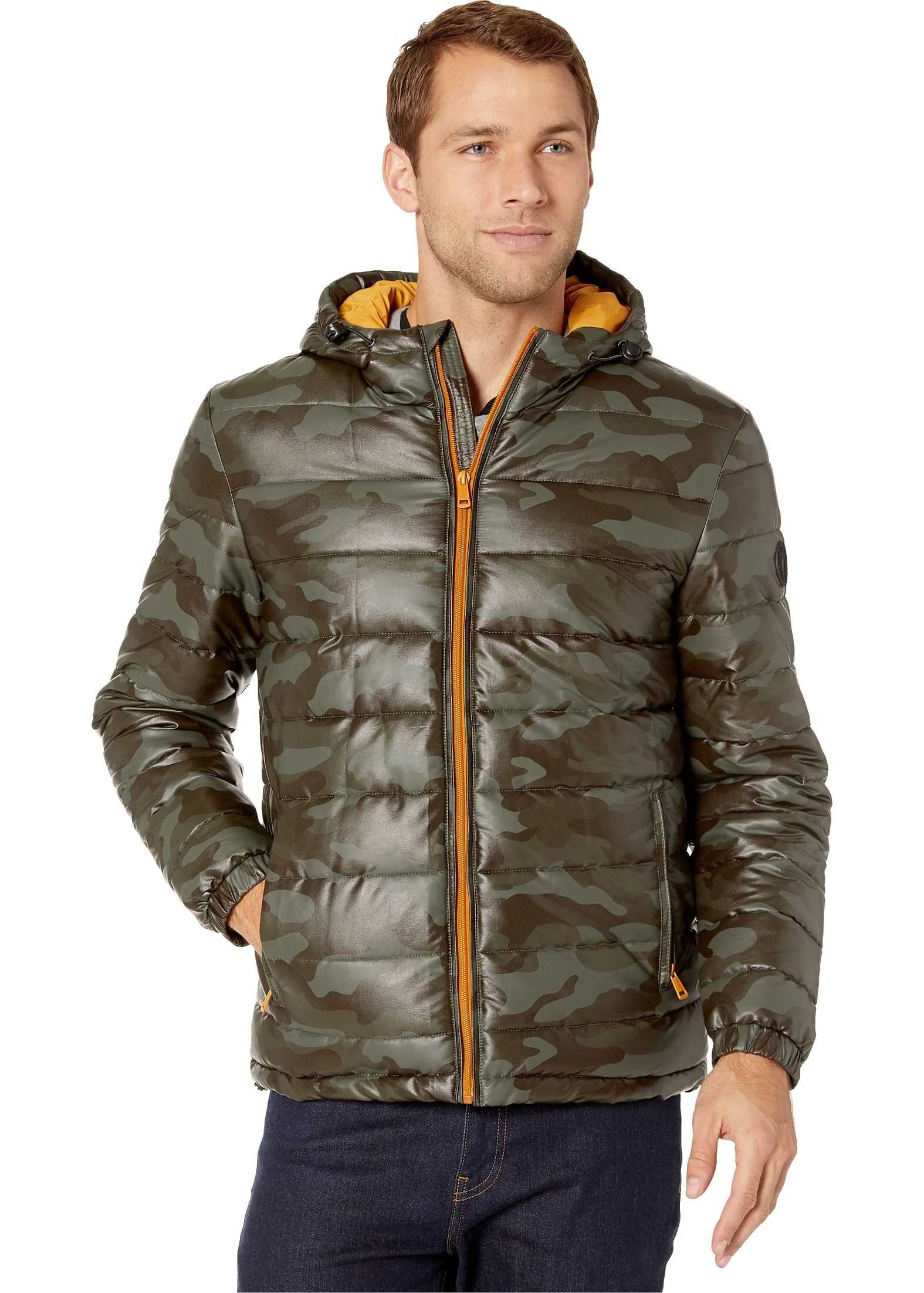 Cole Haan Faux Leather Faux Down Jacket Olive Camo/Sun