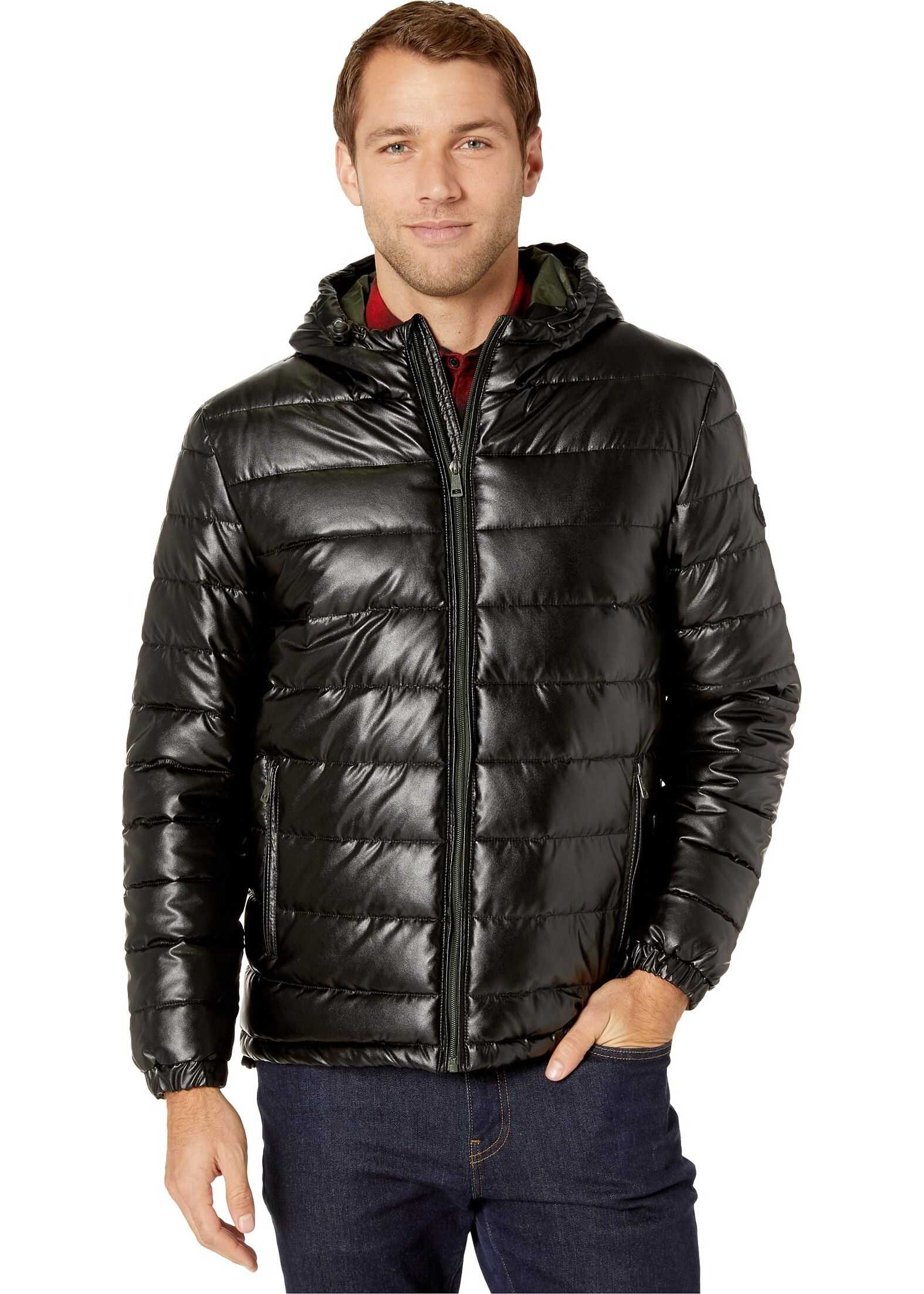 Cole Haan Faux Leather Faux Down Jacket Black/Olive Camo