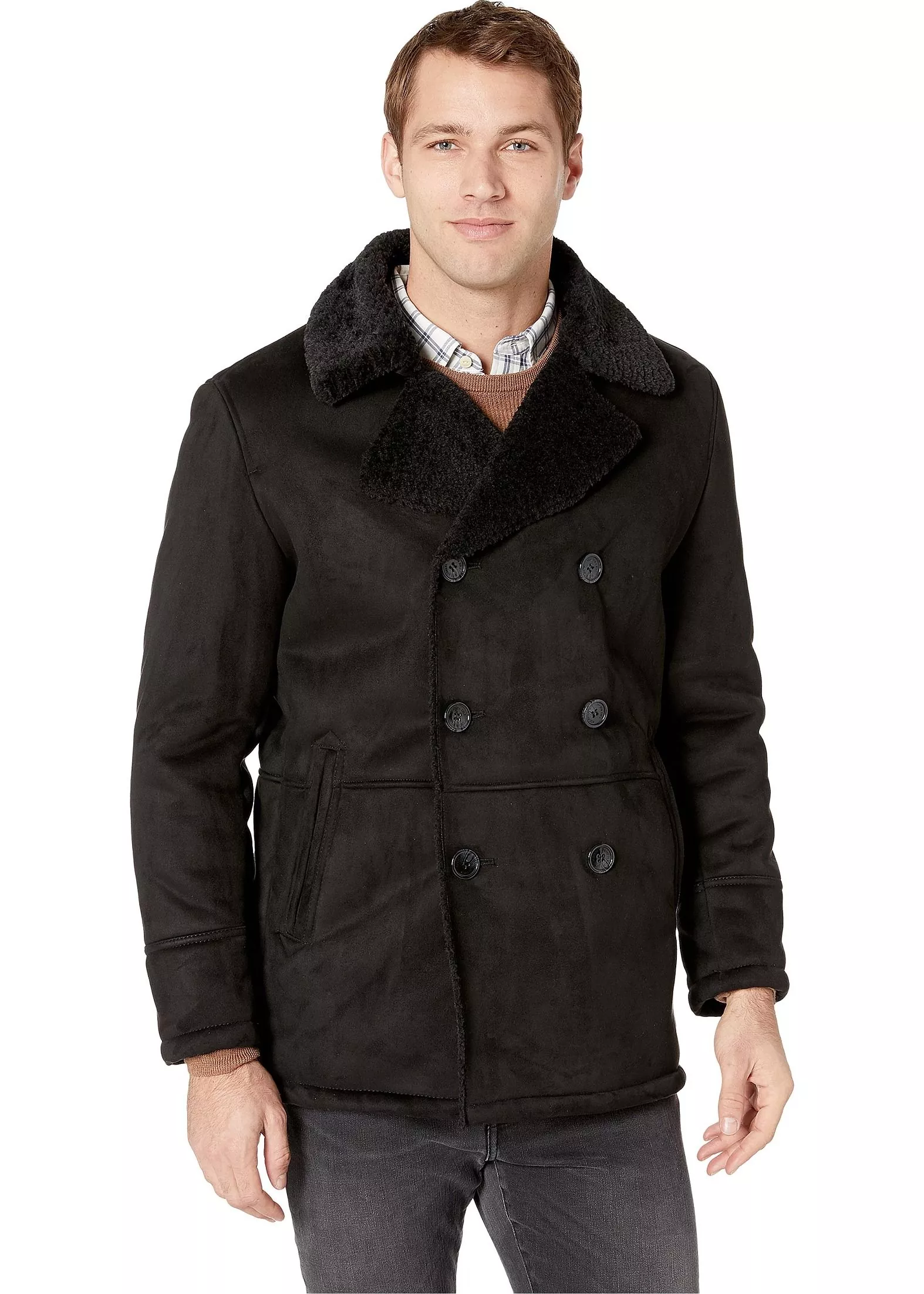 Double Breasted Faux Shearling Jacket w/ Notch