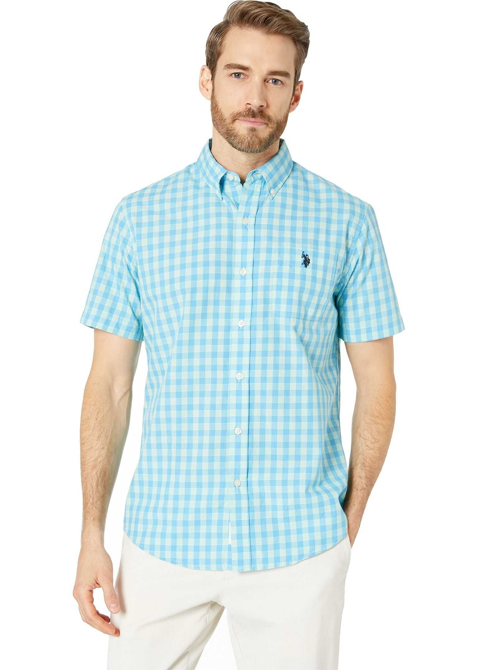 Camasa U.S. POLO ASSN. Short Sleeve Medium Check Woven Button Down Coast Azure