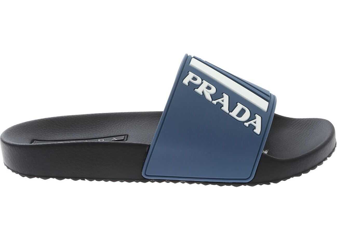 Prada Logo Slippers In Black And Air Force Blue Blue