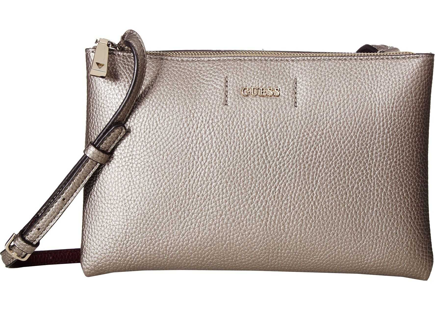 GUESS Varsity Pop Mini Double Crossbody Top Zip Pewter/Burgundy