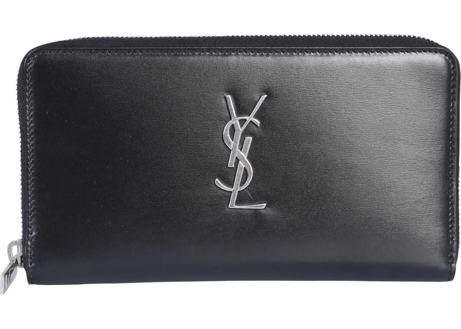 Saint Laurent Large Zip Around Monogram Wallet BLACK