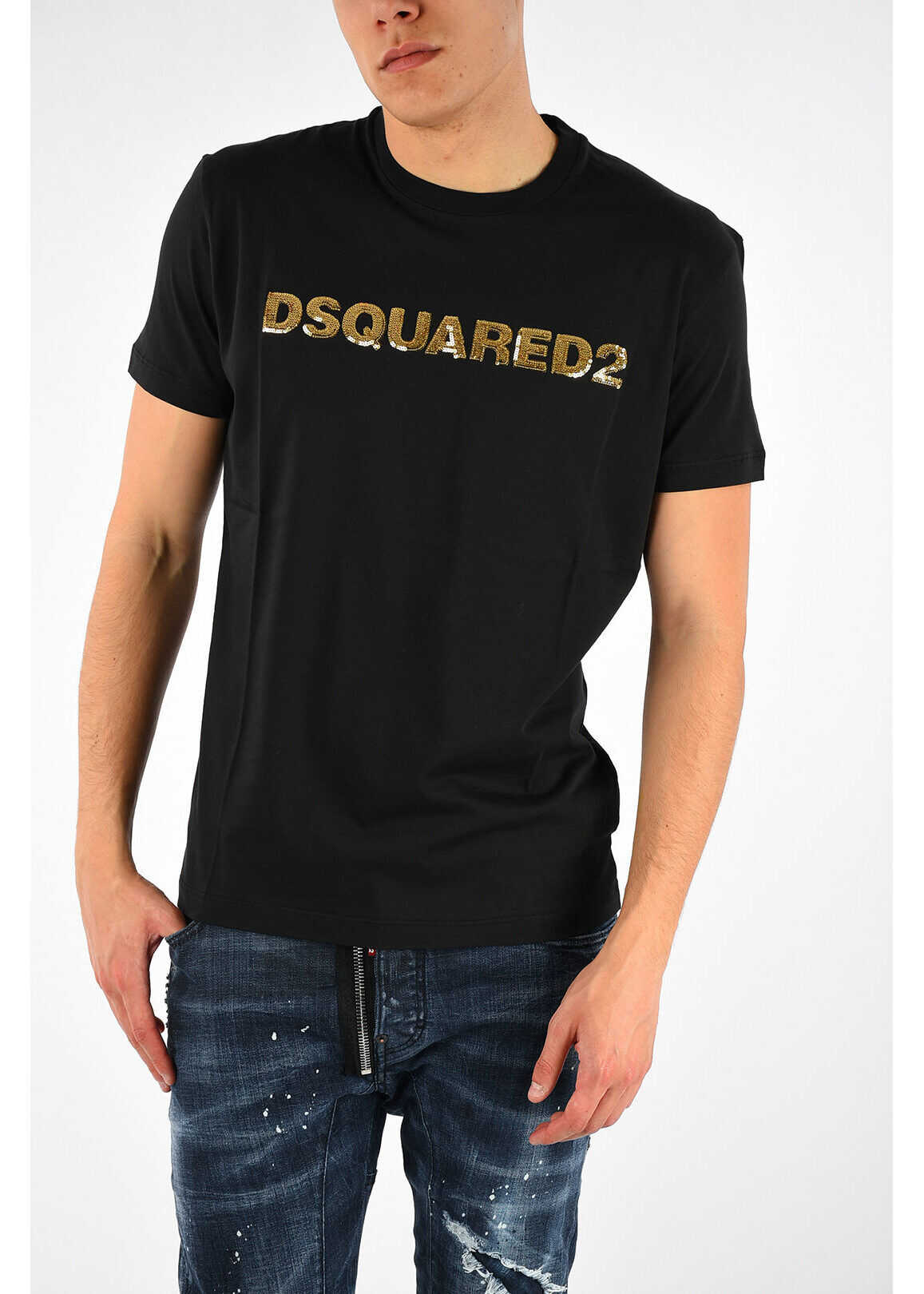 DSQUARED2 T-shirt LONG COOL FIT with Sequins BLACK