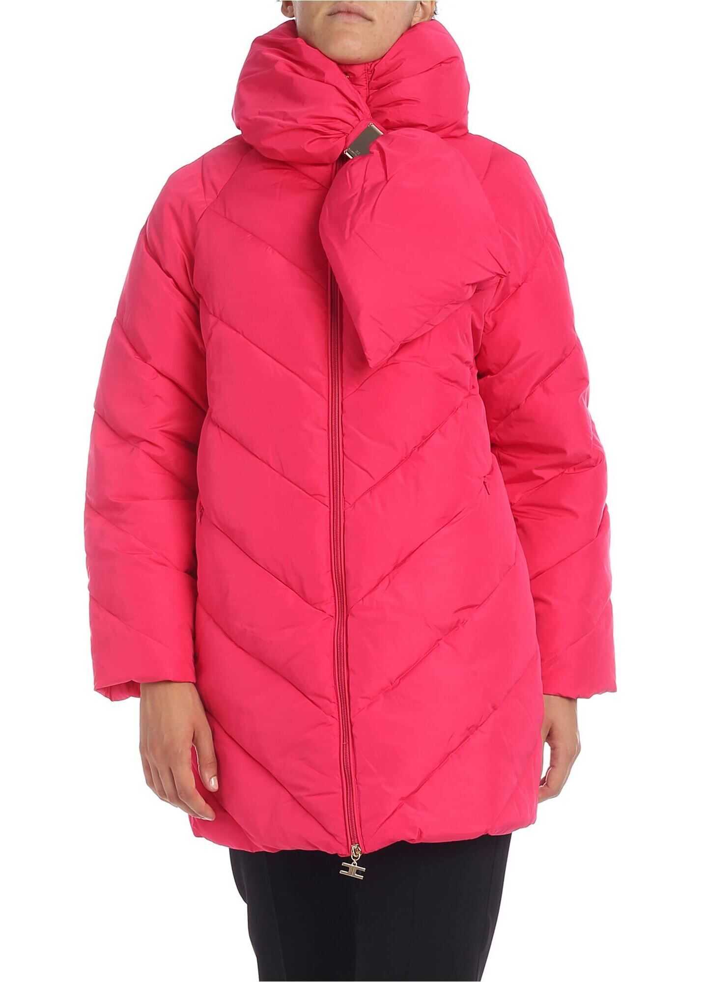 Elisabetta Franchi Down Jacket Oversize In Fuchsia With Front Bow Fuchsia