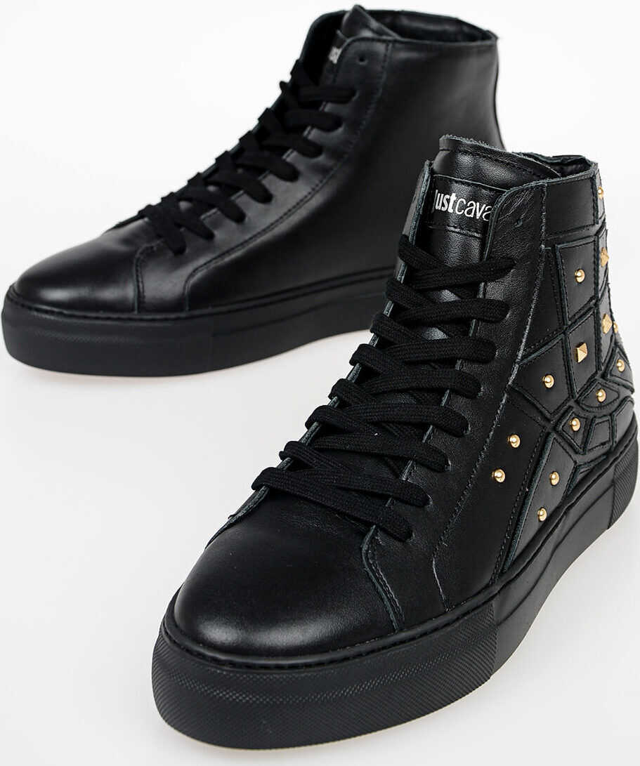 Just Cavalli Leather Studded High Sneakers BLACK