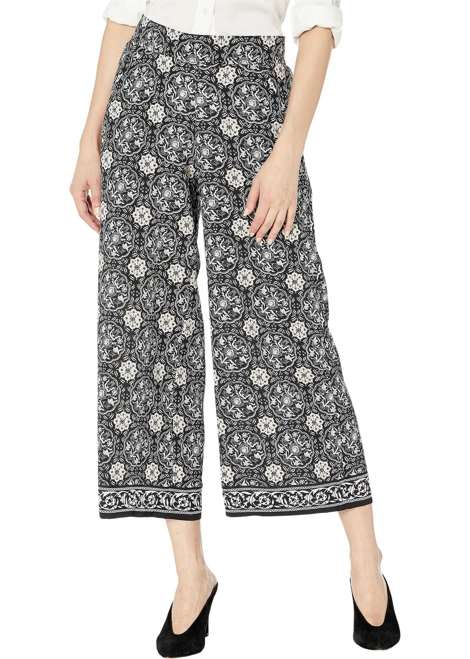 MAXSTUDIO Wide Leg Cropped Pants Black/Blue Small Medalion Floral