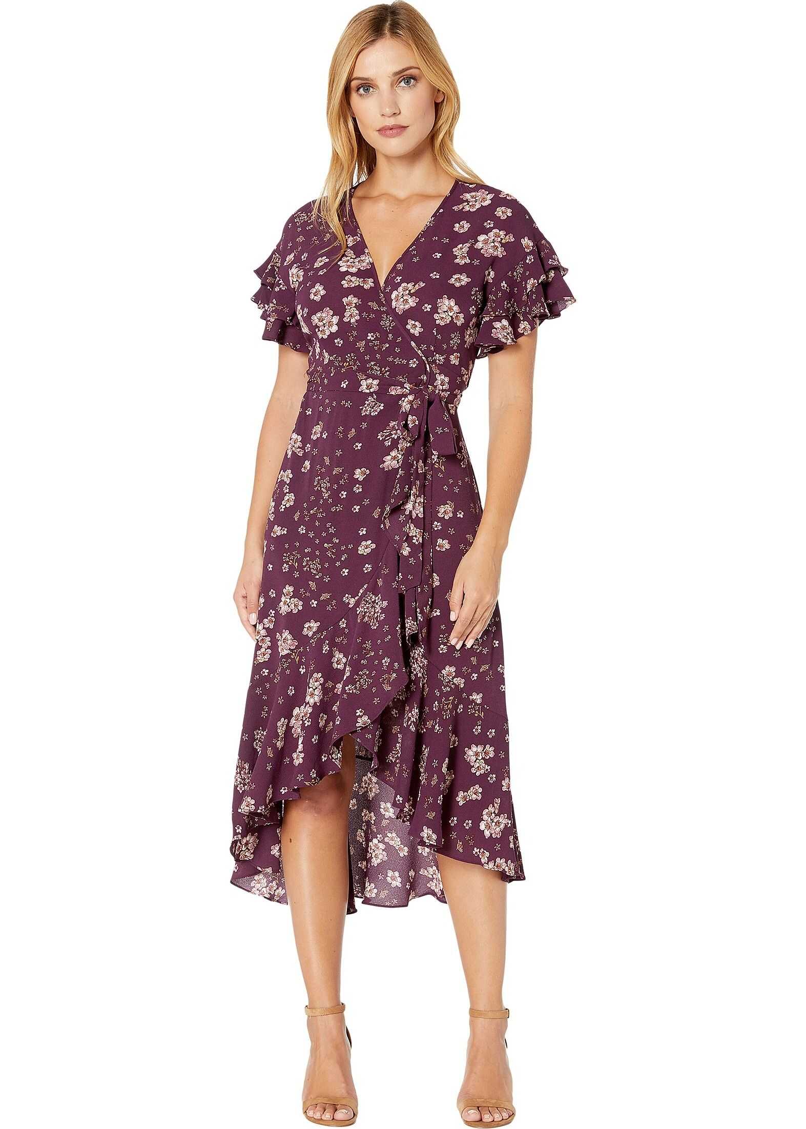 MAXSTUDIO Short Sleeve Woven Wrap Dress Purple/Mauve Floral Fields