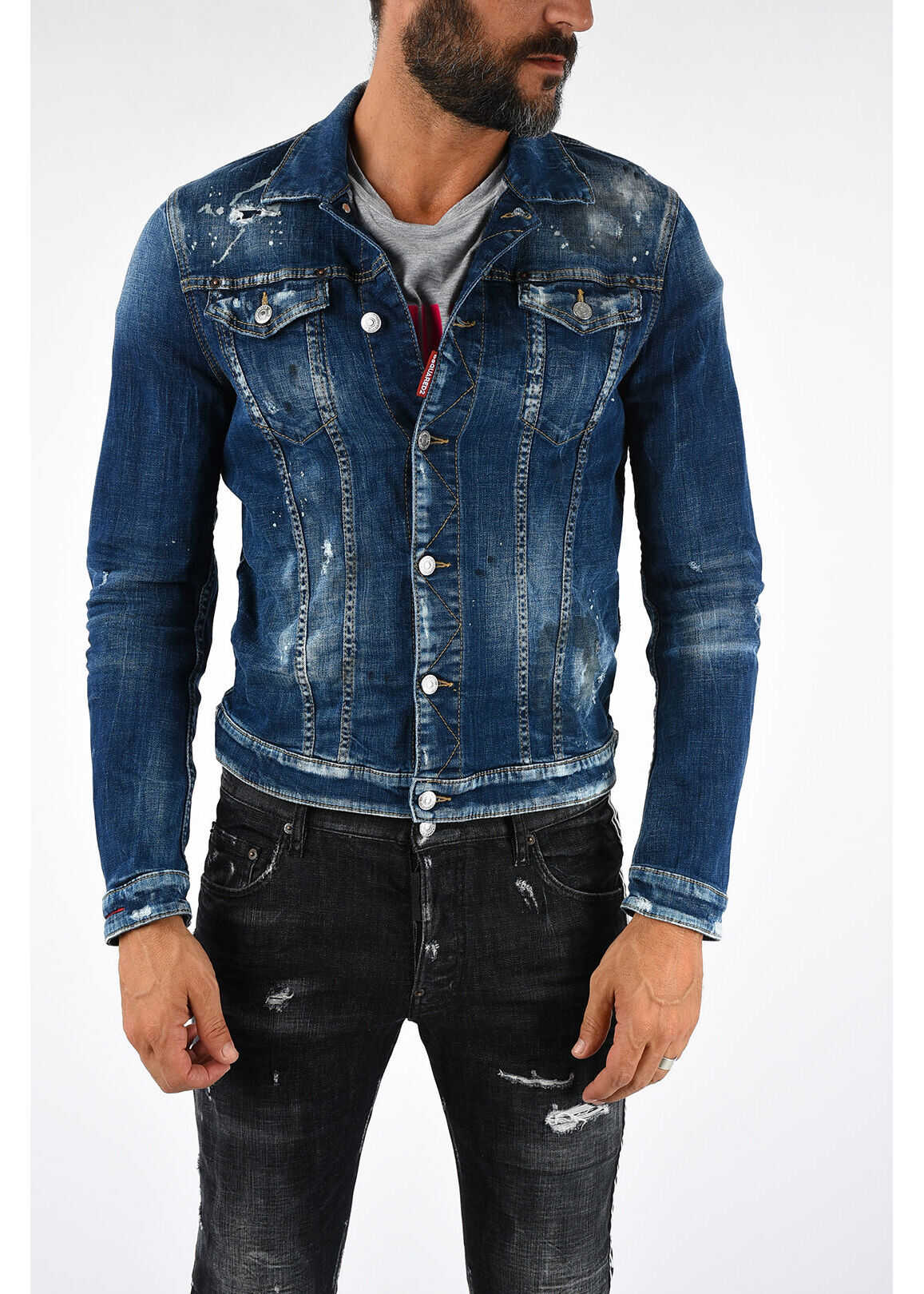 DSQUARED2 Distressed Denim Classic Jean Jacket With Patch Pockets Blue