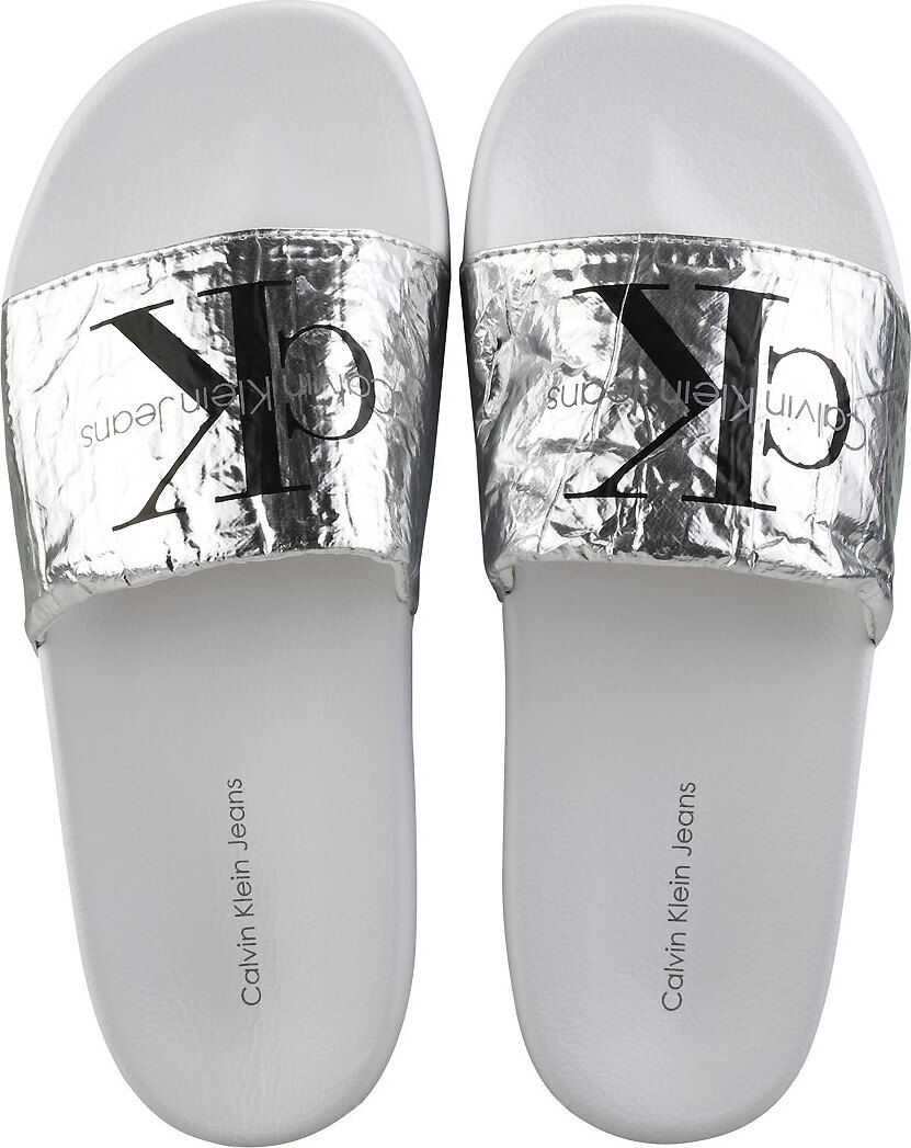 Calvin Klein Chantal Metallic Crinkle Slide Sandals In Silver Silver