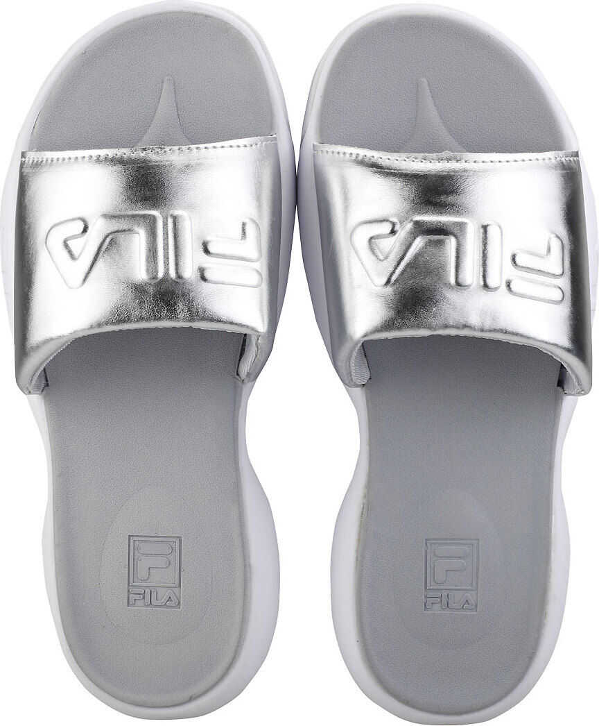 Fila Disruptor Slide Metallic Slide Sandals In White Silver White