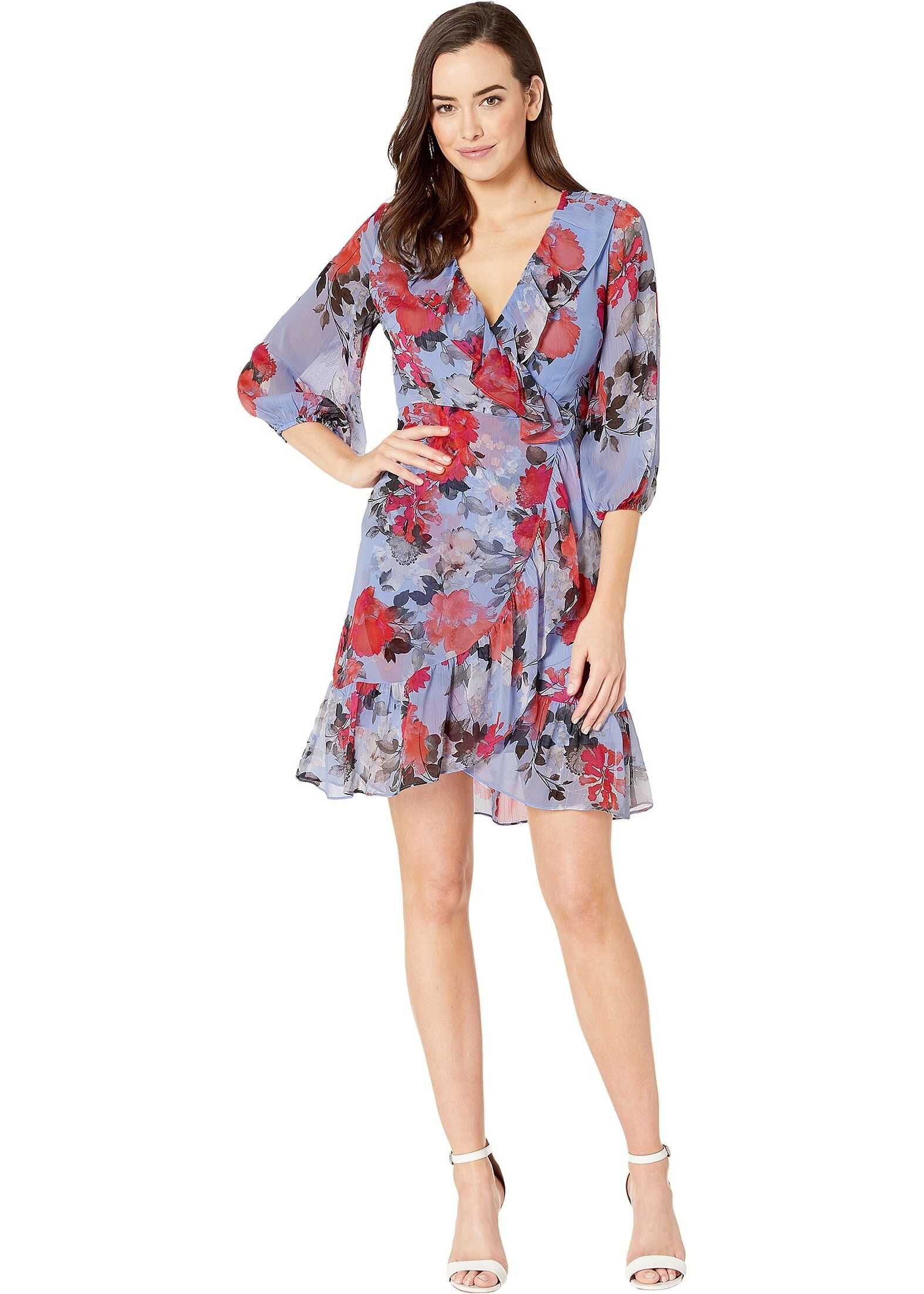 Adrianna Papell Coral Blossoms Faux Wrap Dress Sky Blue Multi